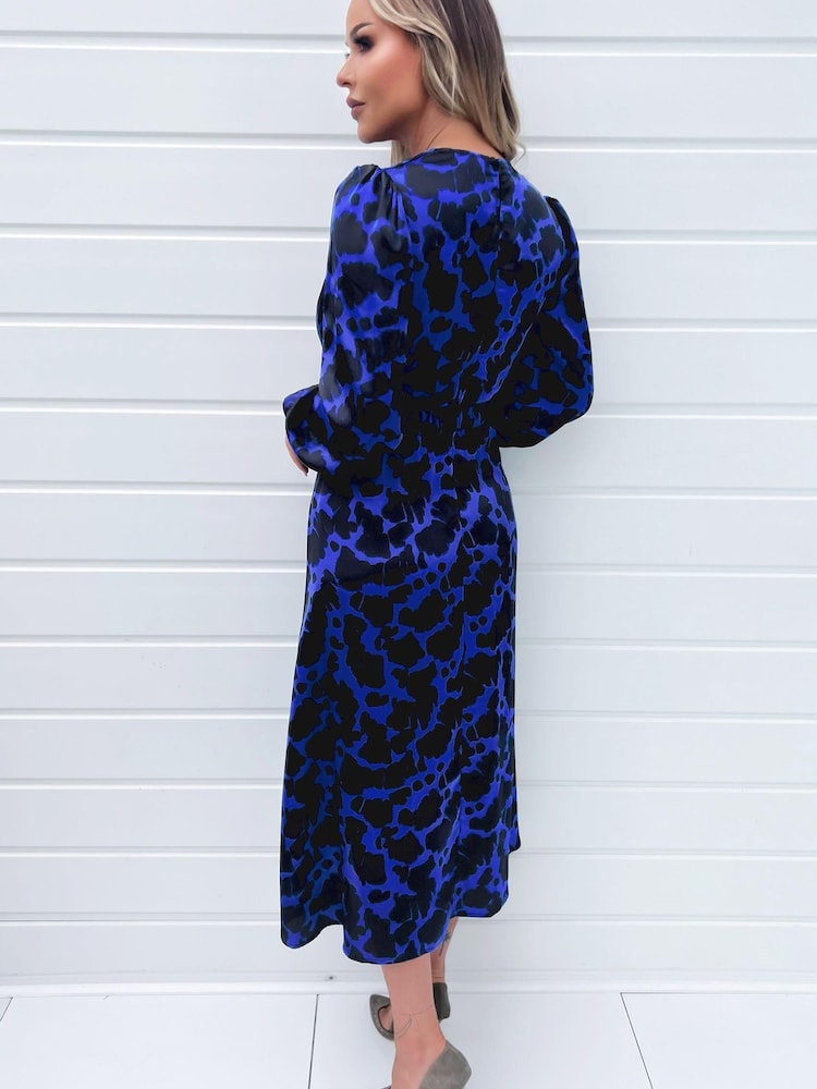 AX Paris Blue Cobalt And Black Print Long Sleeve Belted Wrap Midi Dress - Image 2 of 4