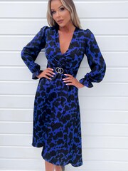 AX Paris Blue Cobalt And Black Print Long Sleeve Belted Wrap Midi Dress - Image 3 of 4