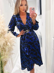 AX Paris Blue Cobalt And Black Print Long Sleeve Belted Wrap Midi Dress - Image 4 of 4