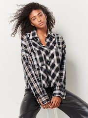 Black/White Check Long Sleeve Frayed Hem Shirt - Image 1 of 7