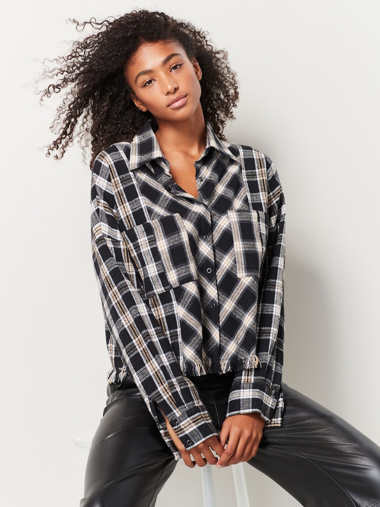 Black/White Check Long Sleeve Frayed Hem Shirt - Image 1 of 7