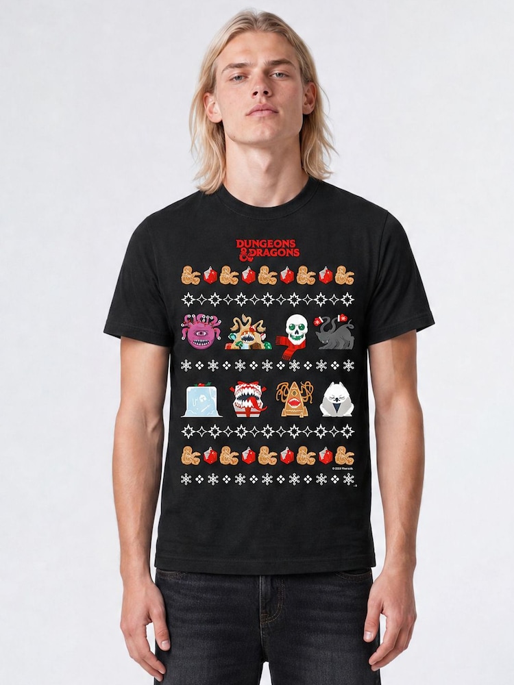 Brands In Black Dungeons & Dragons Jacquard Christmas T-Shirt - Image 1 of 4 Brands In Black Dungeons & Dragons Jacquard Christmas T-Shirt - Image 1 of 4