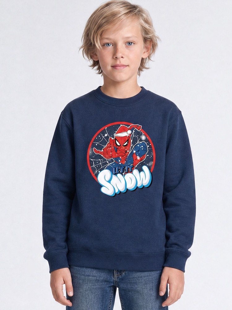 Rags & Rascals Blue Marvel Spider-Man Snow Christmas Sweatshirt - Image 1 of 4 Rags & Rascals Blue Marvel Spider-Man Snow Christmas Sweatshirt - Image 1 of 4