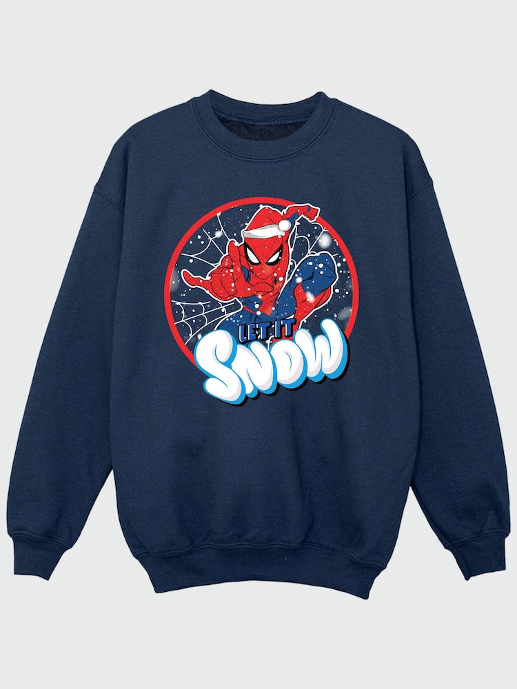 Rags & Rascals Blue Marvel Spider-Man Snow Christmas Sweatshirt - Image 2 of 4 Rags & Rascals Blue Marvel Spider-Man Snow Christmas Sweatshirt - Image 2 of 4
