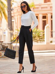 Sosandar Black High Waist Belted Tapered Trousers - Image 1 of 4