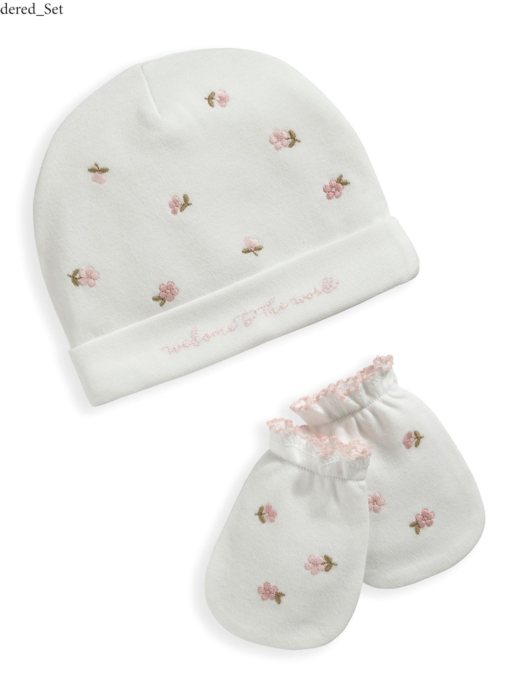 Mamas & Papas Hat & Mitten White Embroidered Set - Image 1 of 2