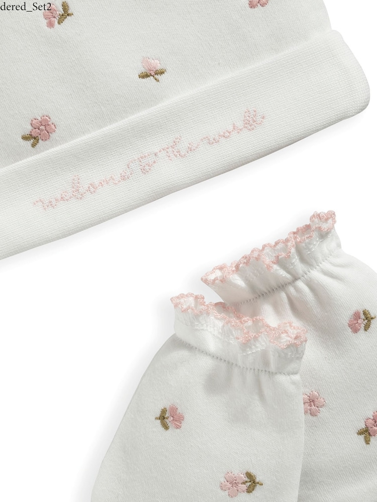 Mamas & Papas Hat & Mitten White Embroidered Set - Image 2 of 2