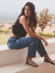 Blue Smart Linen Blend Cargo Taper Trousers - Image 1 of 7