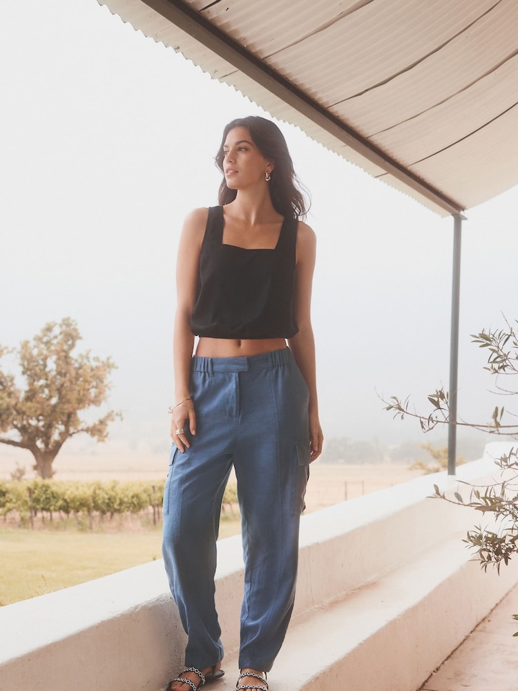 Blue Smart Linen Blend Cargo Taper Trousers - Image 2 of 7