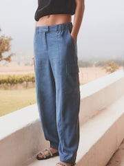 Blue Smart Linen Blend Cargo Taper Trousers - Image 3 of 7