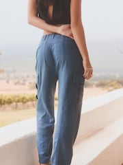 Blue Smart Linen Blend Cargo Taper Trousers - Image 4 of 7