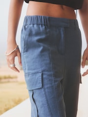 Blue Smart Linen Blend Cargo Taper Trousers - Image 5 of 7
