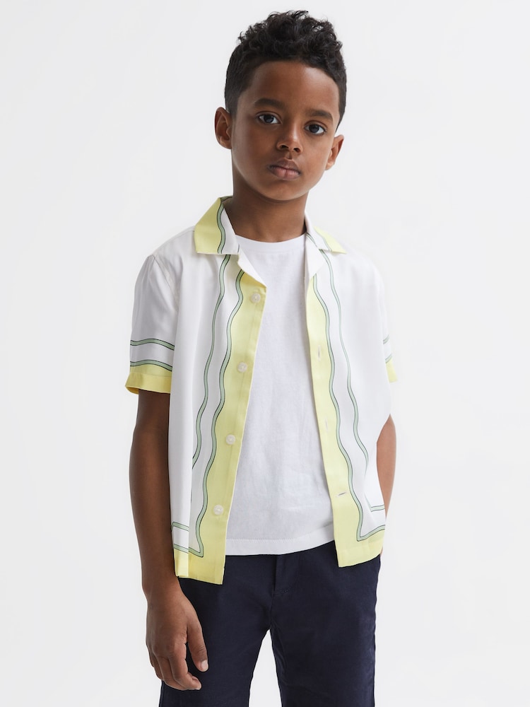 Reiss Ecru Sorento Junior Printed Cuban Collar Short Sleeve Shirt - Image 1 of 6