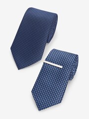Navy Blue Textured Tie With Tie Clips 2 Pack - Image 1 of 6