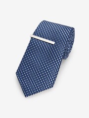 Navy Blue Textured Tie With Tie Clips 2 Pack - Image 2 of 6