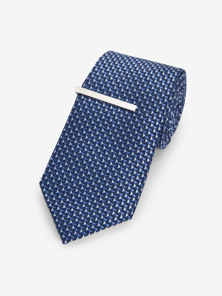 Navy Blue Textured Tie With Tie Clips 2 Pack - Image 2 of 6