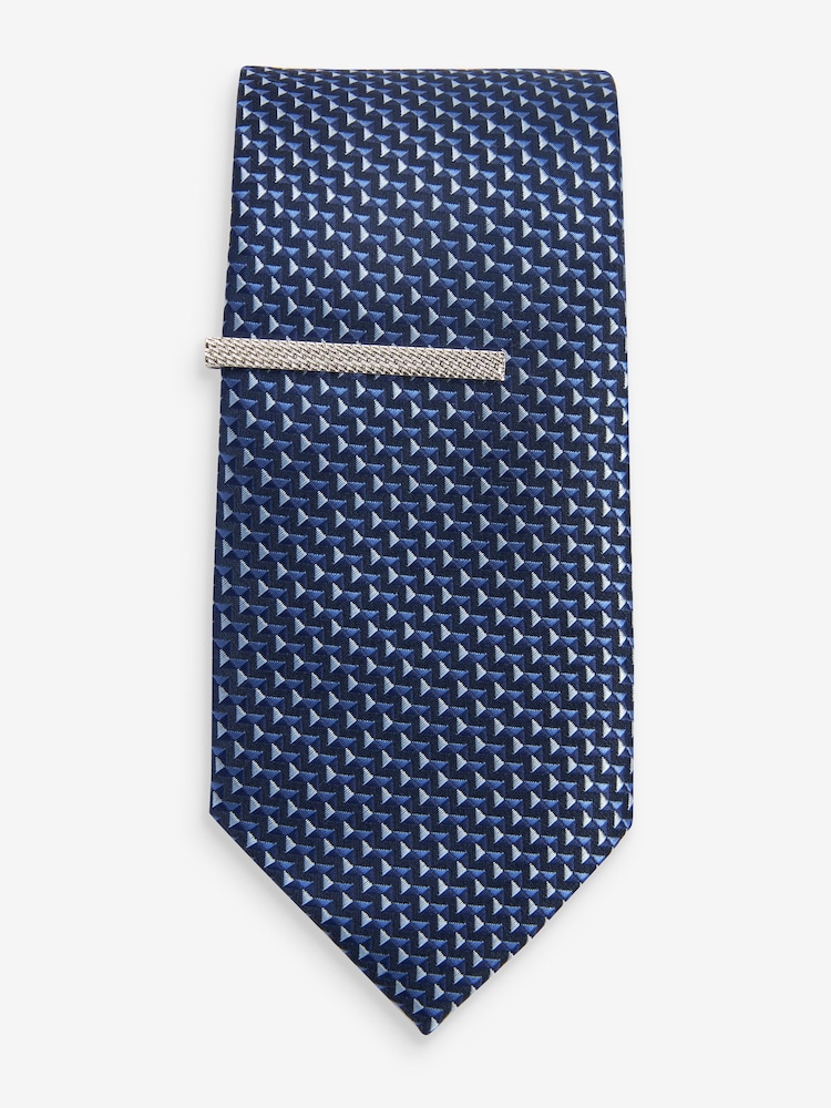 Navy Blue Textured Tie With Tie Clips 2 Pack - Image 6 of 6