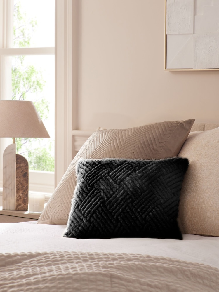 Black 43 x 43cm Basset Embossed Faux Fur Cushion - Image 1 of 5 Black 43 x 43cm Basset Embossed Faux Fur Cushion - Image 1 of 5