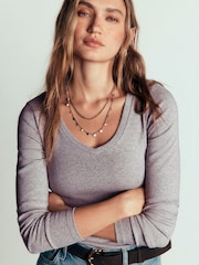 Boden Grey Annie Cotton V-Neck Jersey Top - Image 1 of 5