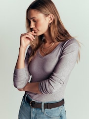 Boden Grey Annie Cotton V-Neck Jersey Top - Image 3 of 5