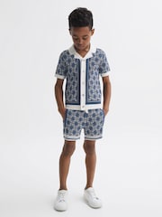 Reiss Blue Print Lotus Senior Knitted Cuban Collar Shirt - Image 1 of 6