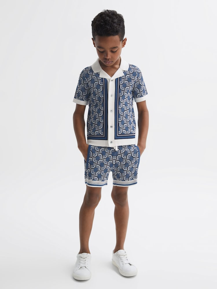 Reiss Blue Print Lotus Senior Knitted Cuban Collar Shirt - Image 1 of 6