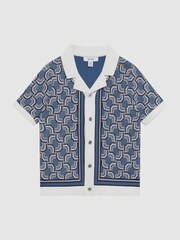 Reiss Blue Print Lotus Senior Knitted Cuban Collar Shirt - Image 2 of 6