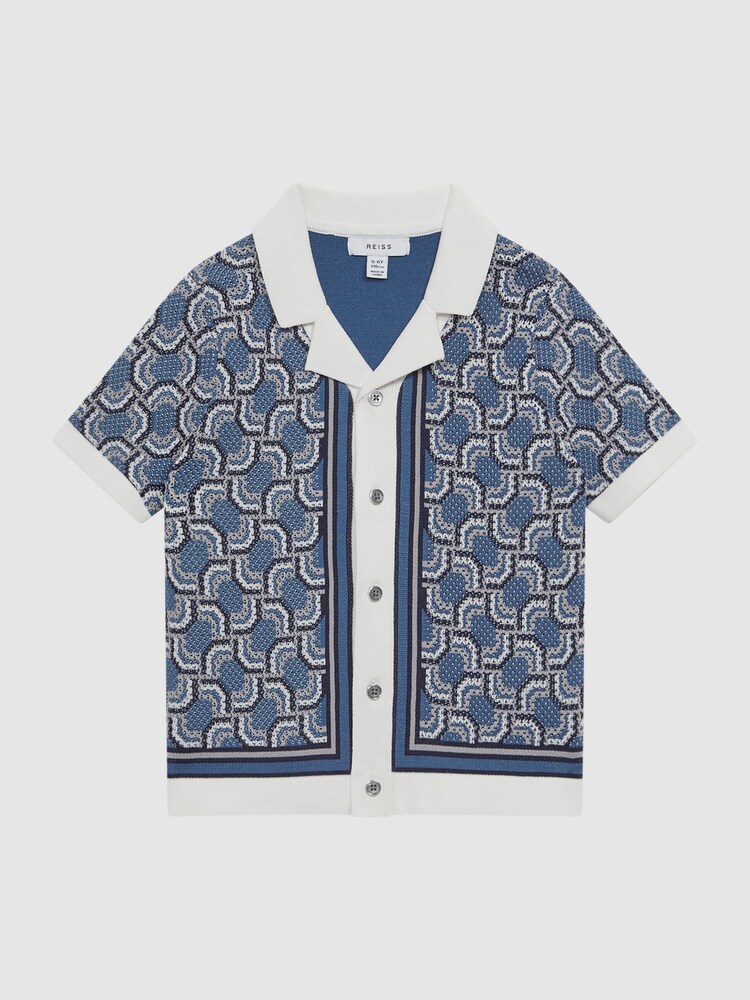 Reiss Blue Print Lotus Senior Knitted Cuban Collar Shirt - Image 2 of 6
