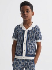 Reiss Blue Print Lotus Senior Knitted Cuban Collar Shirt - Image 3 of 6