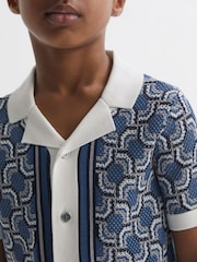 Reiss Blue Print Lotus Senior Knitted Cuban Collar Shirt - Image 4 of 6