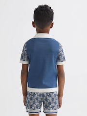 Reiss Blue Print Lotus Senior Knitted Cuban Collar Shirt - Image 5 of 6