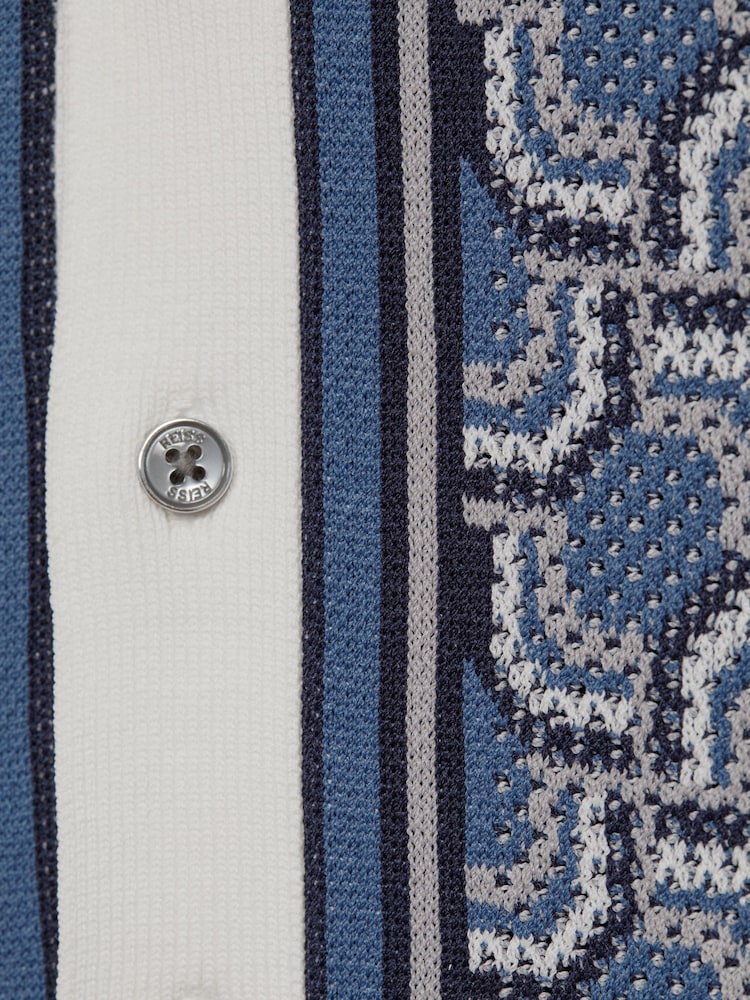 Reiss Blue Print Lotus Senior Knitted Cuban Collar Shirt - Image 6 of 6