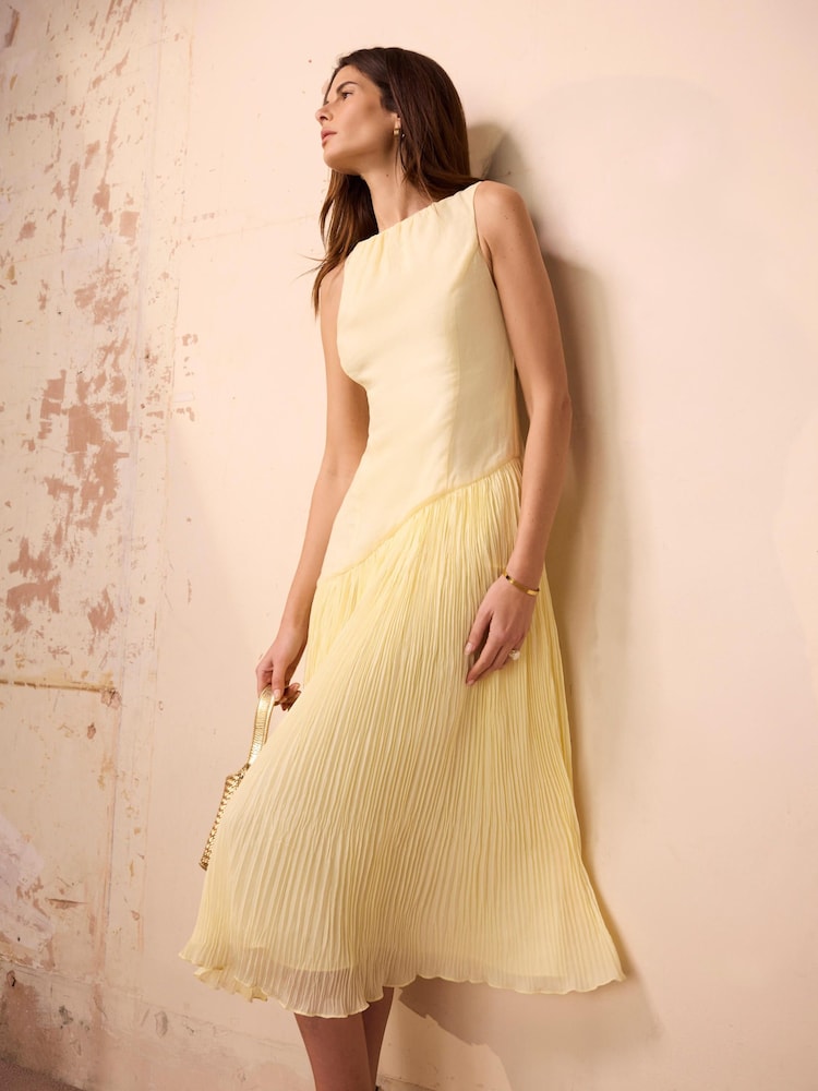 Mint Velvet Yellow Crinkle Drop Waist Midi Dress - Image 1 of 8 Mint Velvet Yellow Crinkle Drop Waist Midi Dress - Image 1 of 8