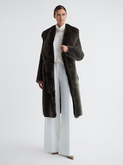 Reiss Brown Dahlia Reversible Longline Leather Shearling Coat - Image 1 of 7