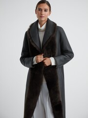 Reiss Brown Dahlia Reversible Longline Leather Shearling Coat - Image 3 of 7
