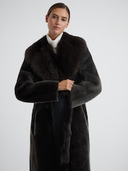 Reiss Brown Dahlia Reversible Longline Leather Shearling Coat - Image 6 of 7
