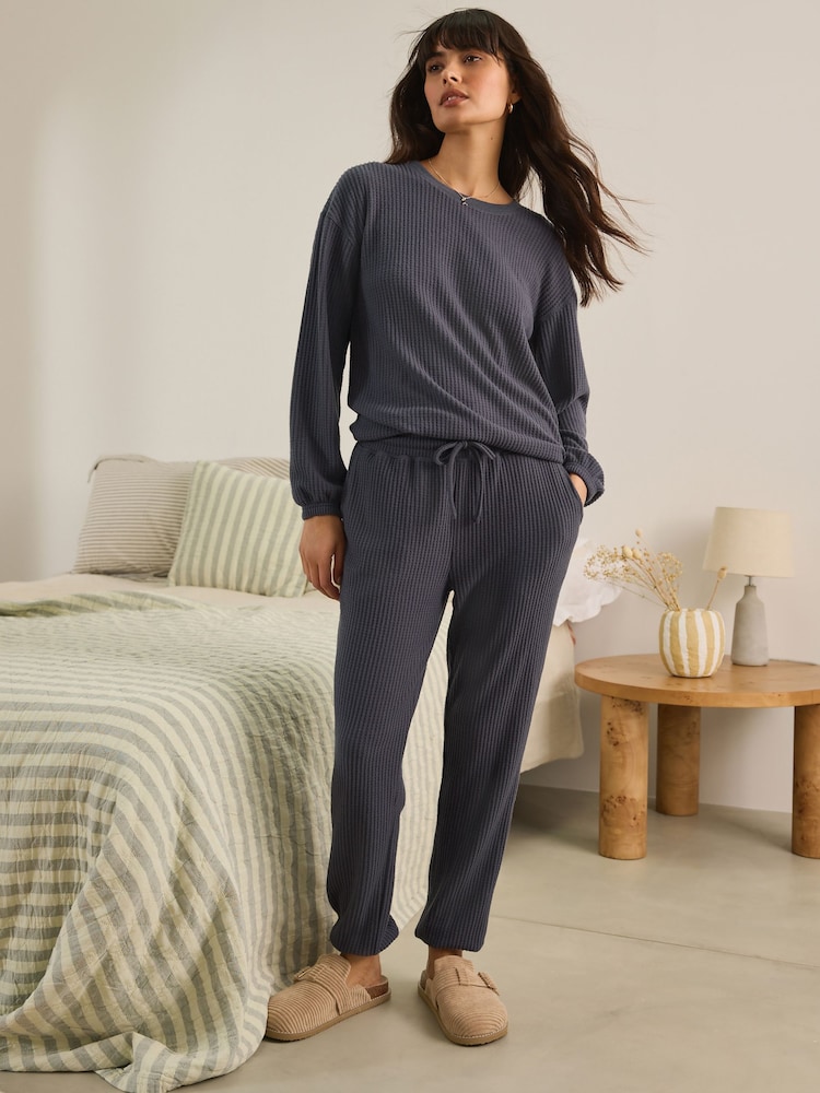 Navy Cosy Waffle Long Sleeve Pyjamas - Image 1 of 11
