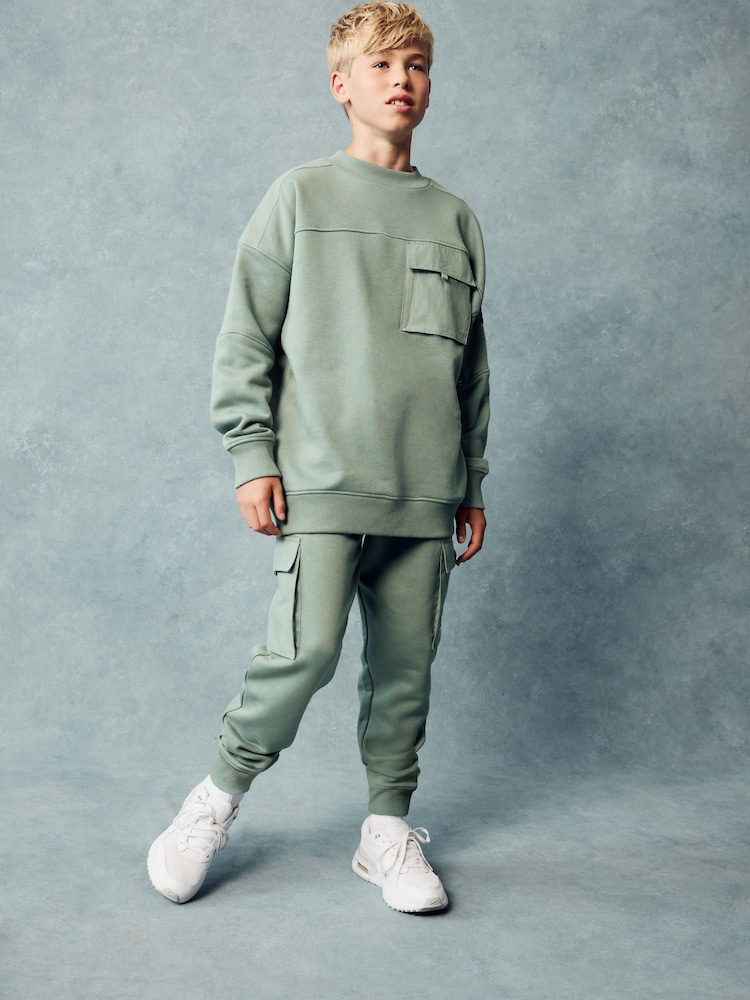 Sage Green Sweatshirt Utility Crew Neck Sweat Top (3-16yrs) - Image 1 of 8