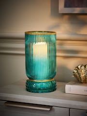 Teal Blue Ribbed Hurricane Candle Holder - Image 1 of 5