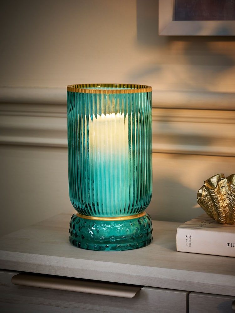 Teal Blue Ribbed Hurricane Candle Holder - Image 1 of 5