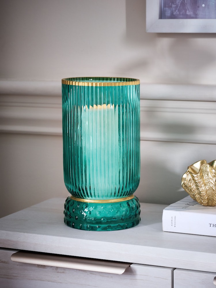 Teal Blue Ribbed Hurricane Candle Holder - Image 2 of 5