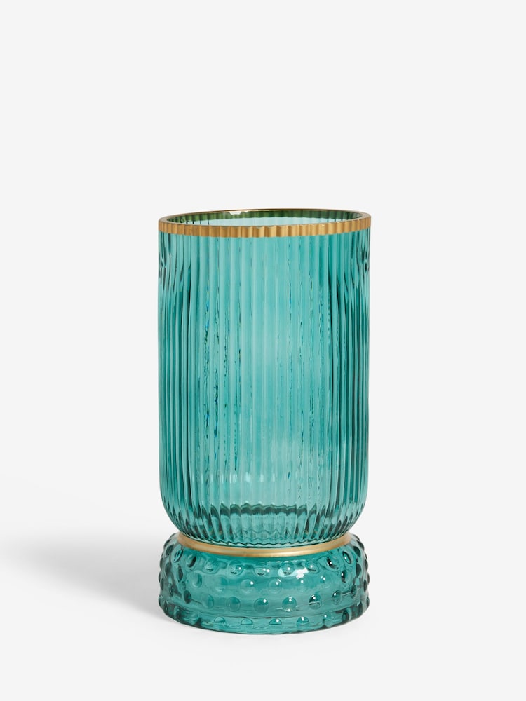Teal Blue Ribbed Hurricane Candle Holder - Image 4 of 5