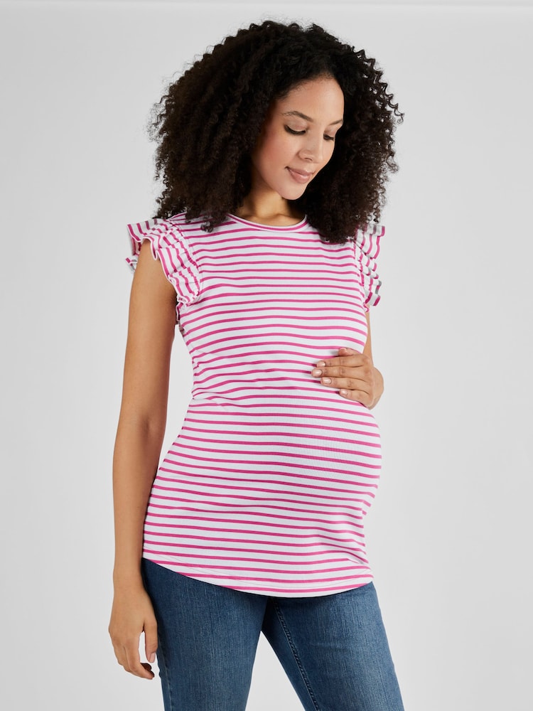 JoJo Maman Bébé Pink Stripe Crew Neck Flutter Maternity Top - Image 1 of 4