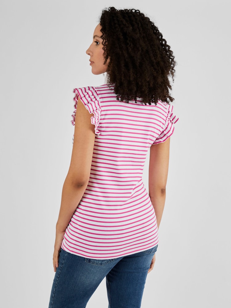 JoJo Maman Bébé Pink Stripe Crew Neck Flutter Maternity Top - Image 2 of 4