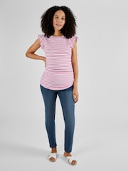 JoJo Maman Bébé Pink Stripe Crew Neck Flutter Maternity Top - Image 3 of 4