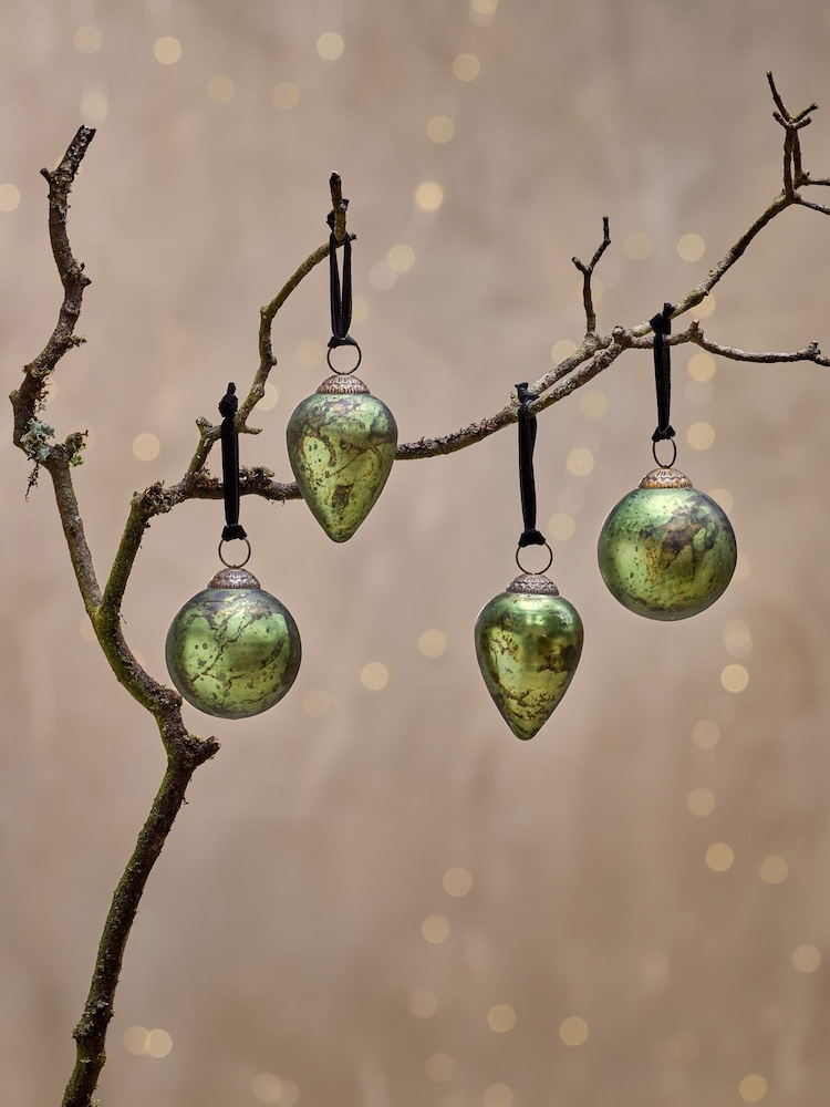 Nkuku Set of 4 Moss Jalshara Baubles Christmas Decorations - Image 1 of 3 Nkuku Set of 4 Moss Jalshara Baubles Christmas Decorations - Image 1 of 3