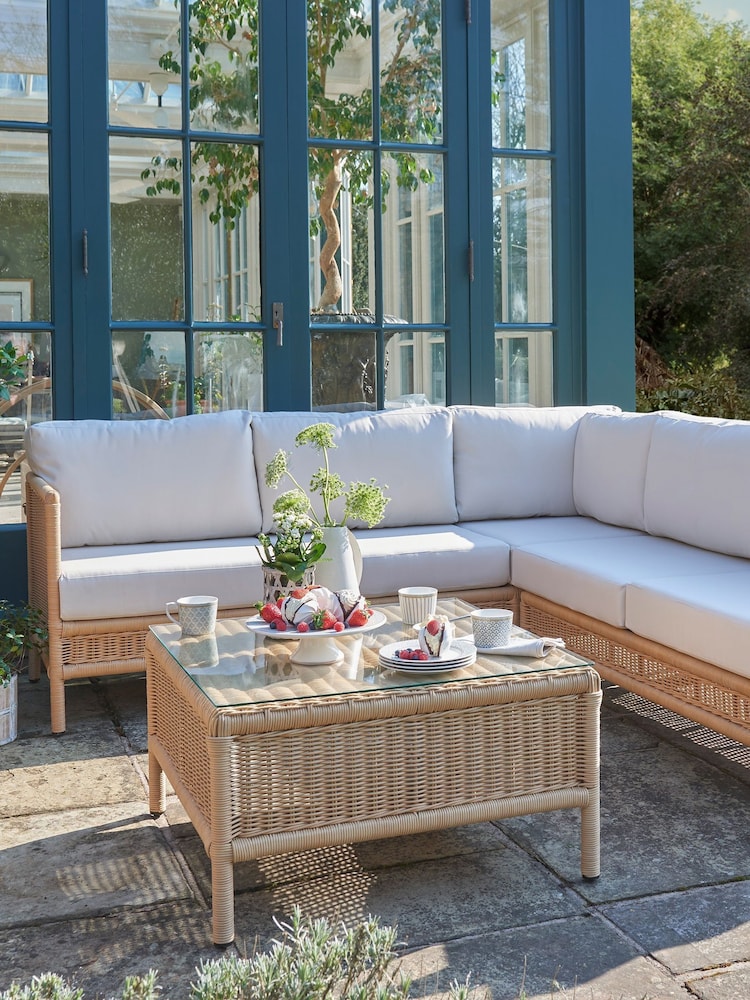 Laura Ashley Natural Garden Vilamoura Rattan Corner Sofa Lounging Set with Seat Cushions - Image 1 of 2