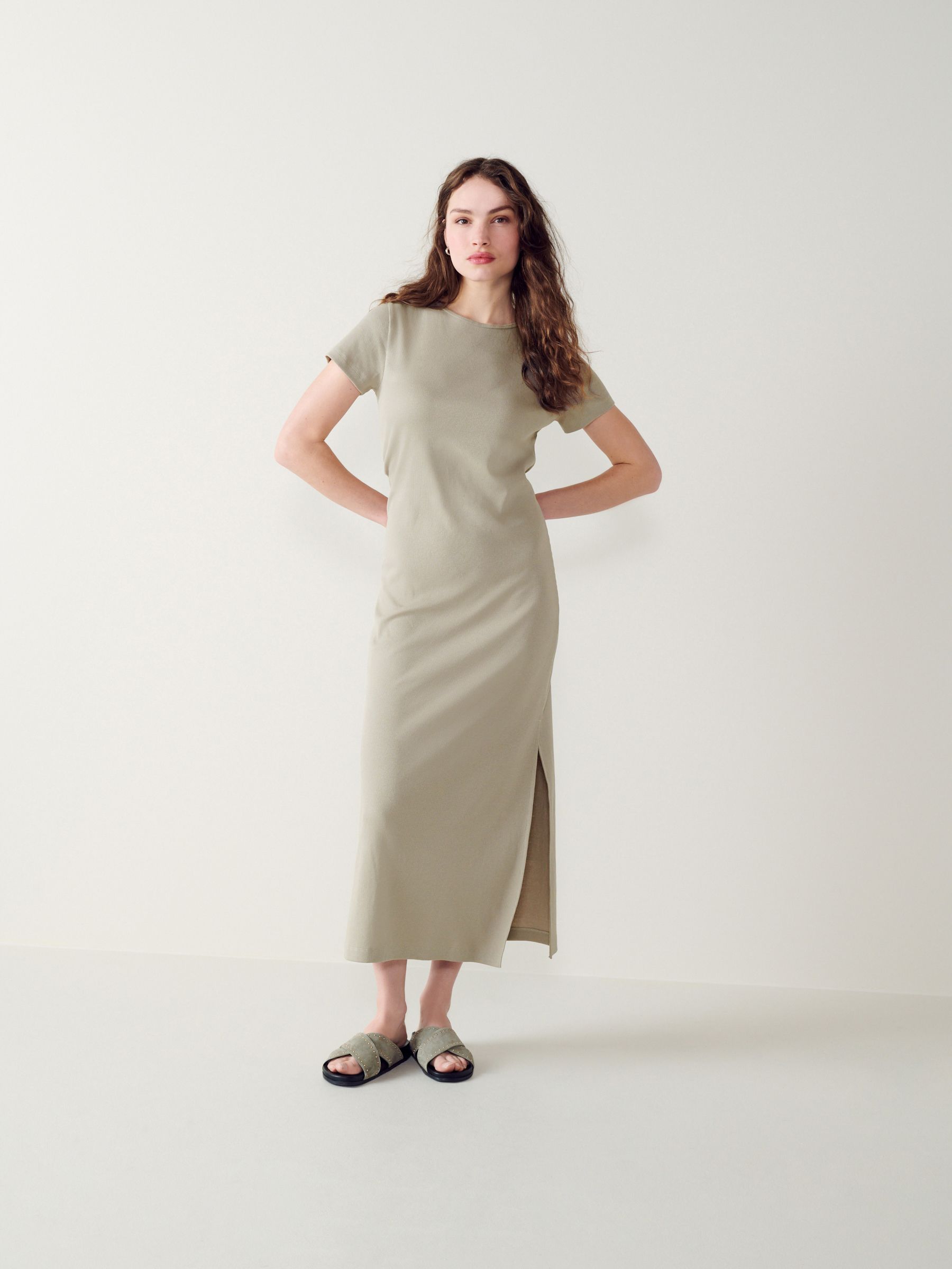 NEXT Stone Grey Ribbed T Shirt Style Column Maxi Dress With Slit Detail Small Womens