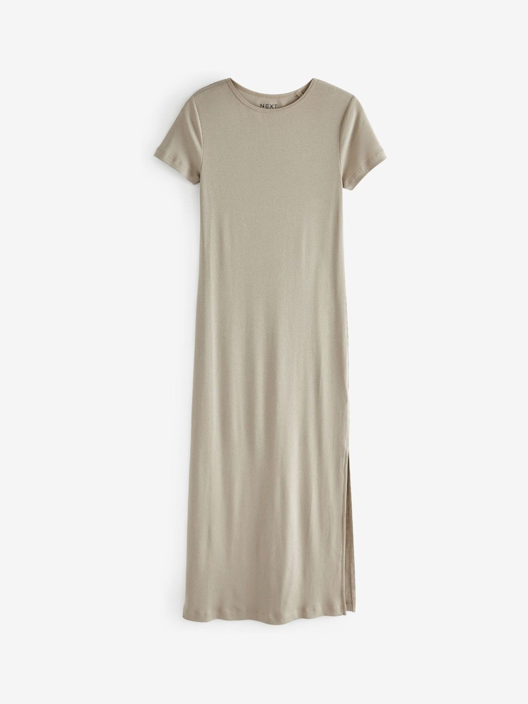 Steingrau - Geripptes Säulen-Maxikleid im T-Shirt-Stil mit Schlitz - Bild 4 von 4 Steingrau - Geripptes Säulen-Maxikleid im T-Shirt-Stil mit Schlitz - Bild 4 von 4