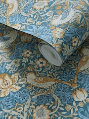 Clarke & Clarke William Morris Designs Denim Spice Strawberry Thief 10.05M Wallpaper - Image 2 of 2